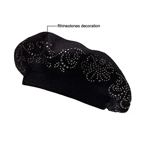 LADYBRO Rhinestone Beret Hats for Women 2 Layers Wool French Knit Cap Lady Winter Black - 6