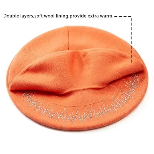 LADYBRO Rhinestone Beret Hats for Women 2 Layers Wool French Knit Cap Lady Winter Black - 6