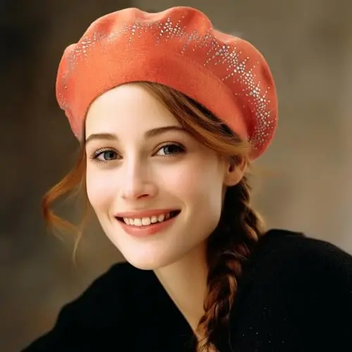 Rhinestone Beret Hats for Women 2 Layers Wool French Knit Cap Lady Winter Black - 3