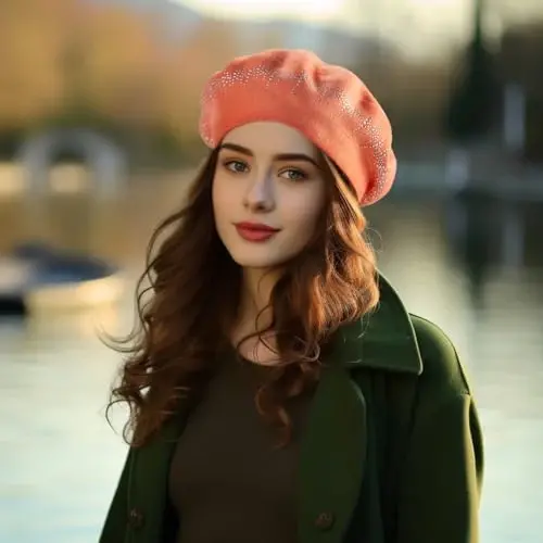 Rhinestone Beret Hats for Women 2 Layers Wool French Knit Cap Lady Winter Black - 4