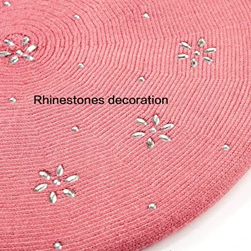 Rhinestone Beret Hats for Women 2 Layers Wool French Knit Cap Lady Winter Black - LADYBRO