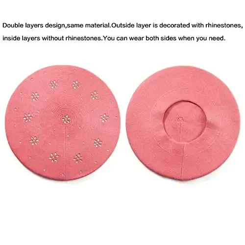 LADYBRO Rhinestone Beret Hats for Women 2 Layers Wool French Knit Cap Lady Winter Black - 3