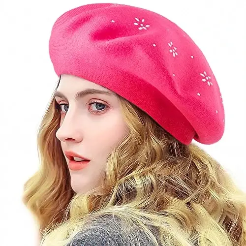 Rhinestone Beret Hats for Women 2 Layers Wool French Knit Cap Lady Winter Black - 1