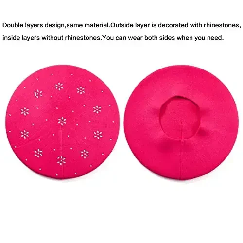LADYBRO Rhinestone Beret Hats for Women 2 Layers Wool French Knit Cap Lady Winter Black - 2