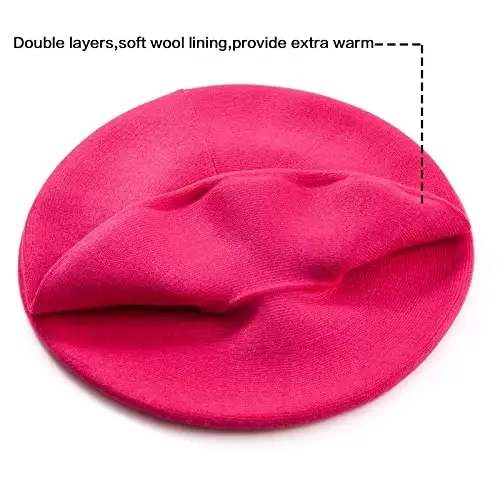 Rhinestone Beret Hats for Women 2 Layers Wool French Knit Cap Lady Winter Black - 3