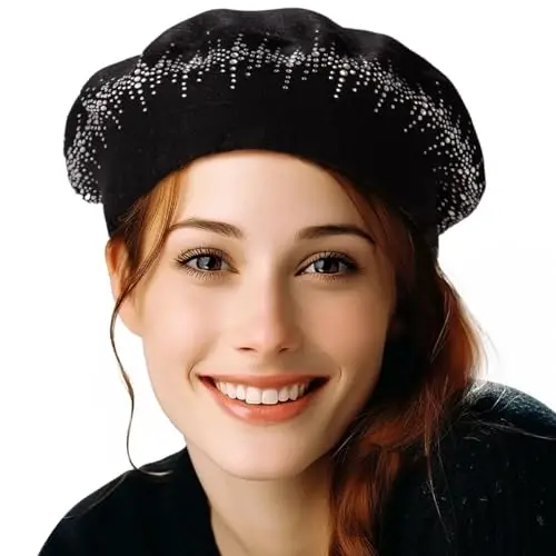 LADYBRO Rhinestone Beret Hats for Women 2 Layers Wool French Knit Cap Lady Winter Black - 1
