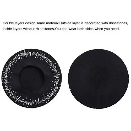 LADYBRO Rhinestone Beret Hats for Women 2 Layers Wool French Knit Cap Lady Winter Black - 2