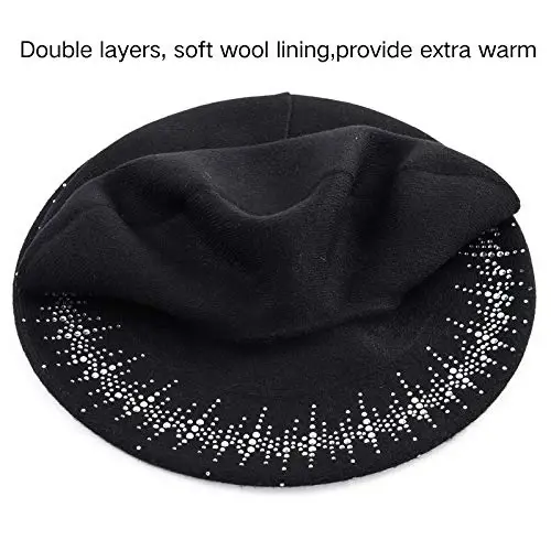 Rhinestone Beret Hats for Women 2 Layers Wool French Knit Cap Lady Winter Black - 3