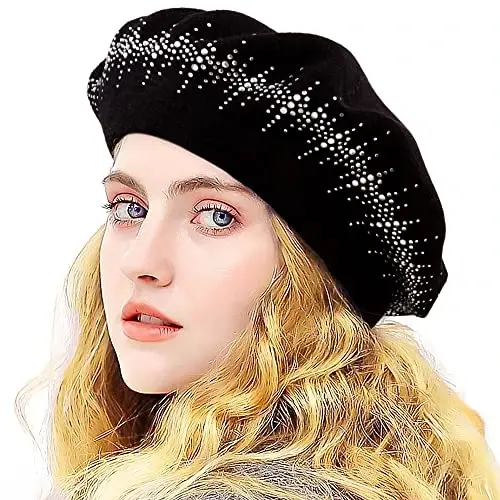 Rhinestone Beret Hats for Women 2 Layers Wool French Knit Cap Lady Winter Black - 4