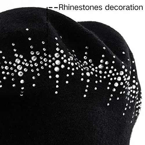 Rhinestone Beret Hats for Women 2 Layers Wool French Knit Cap Lady Winter Black - 6