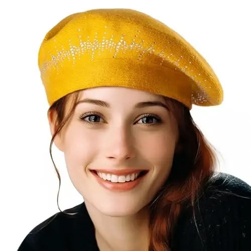 Rhinestone Beret Hats for Women 2 Layers Wool French Knit Cap Lady Winter Black - 1