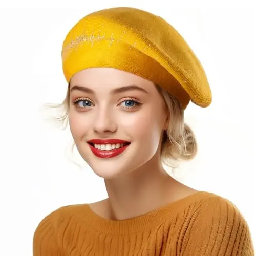Rhinestone Beret Hats for Women 2 Layers Wool French Knit Cap Lady Winter Black - 2