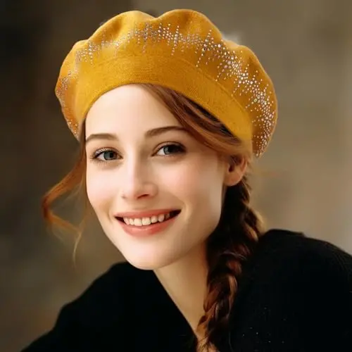Rhinestone Beret Hats for Women 2 Layers Wool French Knit Cap Lady Winter Black - 3