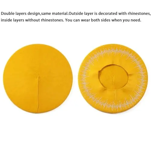 Rhinestone Beret Hats for Women 2 Layers Wool French Knit Cap Lady Winter Black - 5