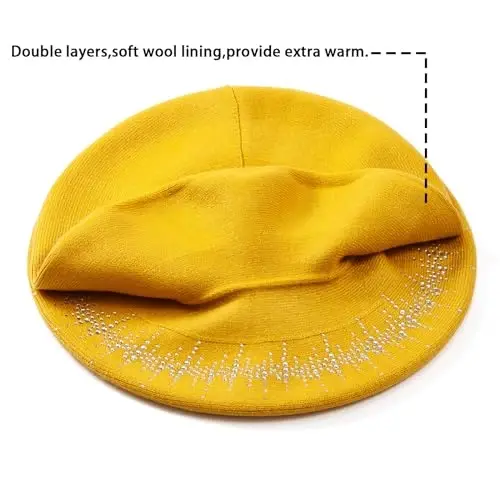 Rhinestone Beret Hats for Women 2 Layers Wool French Knit Cap Lady Winter Black - 6