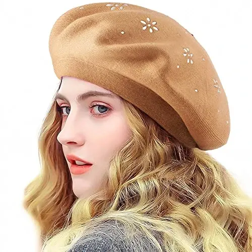 Rhinestone Beret Hats for Women 2 Layers Wool French Knit Cap Lady Winter Black - 1