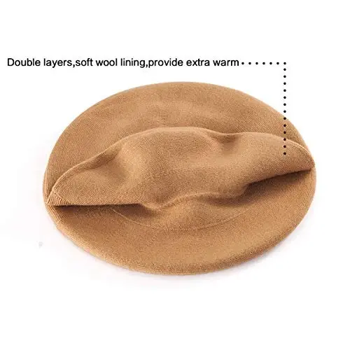 Rhinestone Beret Hats for Women 2 Layers Wool French Knit Cap Lady Winter Black - 3