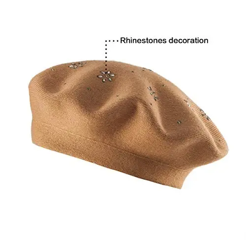 Rhinestone Beret Hats for Women 2 Layers Wool French Knit Cap Lady Winter Black - 5