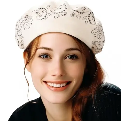 LADYBRO Rhinestone Beret Hats for Women 2 Layers Wool French Knit Cap Lady Winter Black - 1