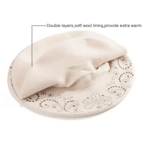 LADYBRO Rhinestone Beret Hats for Women 2 Layers Wool French Knit Cap Lady Winter Black - 3