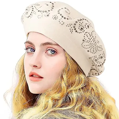 LADYBRO Rhinestone Beret Hats for Women 2 Layers Wool French Knit Cap Lady Winter - 1