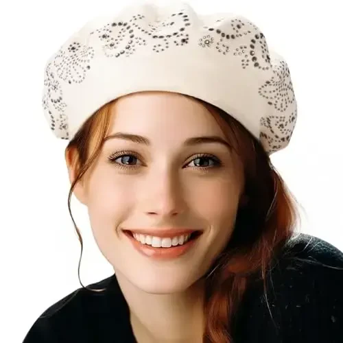 Rhinestone Beret Hats for Women 2 Layers Wool French Knit Cap Lady Winter Black - LADYBRO