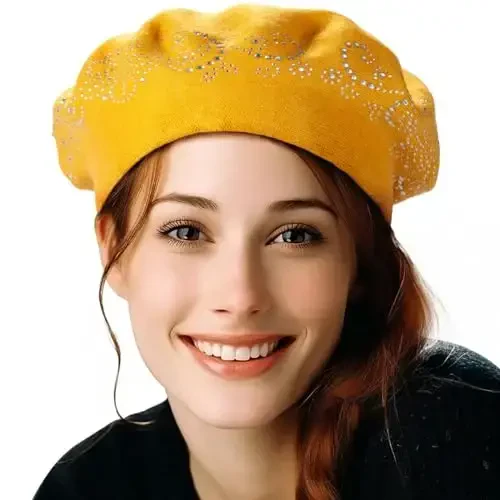 Rhinestone Beret Hats for Women 2 Layers Wool French Knit Cap Lady Winter Black - LADYBRO