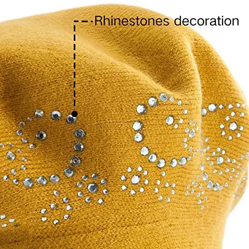 Rhinestone Beret Hats for Women 2 Layers Wool French Knit Cap Lady Winter Black - 6