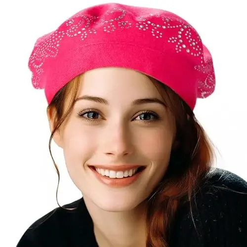 LADYBRO Rhinestone Beret Hats for Women 2 Layers Wool French Knit Cap Lady Winter Black - 1