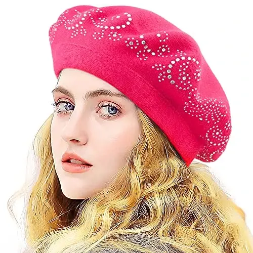 LADYBRO Rhinestone Beret Hats for Women 2 Layers Wool French Knit Cap Lady Winter - LADYBRO