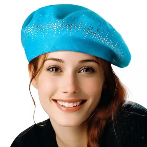 Rhinestone Beret Hats for Women 2 Layers Wool French Knit Cap Lady Winter Black 