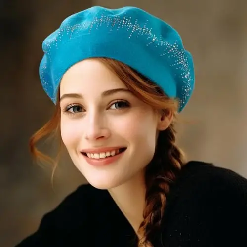 Rhinestone Beret Hats for Women 2 Layers Wool French Knit Cap Lady Winter Black - LADYBRO (1)