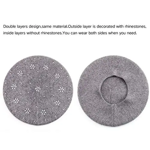 LADYBRO Rhinestone Beret Hats for Women 2 Layers Wool French Knit Cap Lady Winter Black - LADYBRO (1)