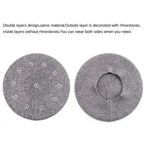 Rhinestone Beret Hats for Women 2 Layers Wool French Knit Cap Lady Winter Black - 2