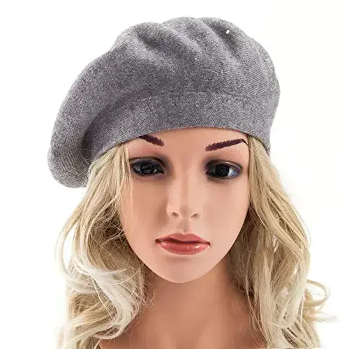 Rhinestone Beret Hats for Women 2 Layers Wool French Knit Cap Lady Winter Black - 4