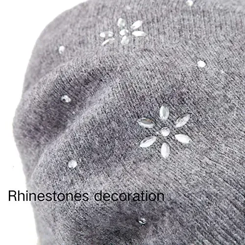 Rhinestone Beret Hats for Women 2 Layers Wool French Knit Cap Lady Winter Black - 6