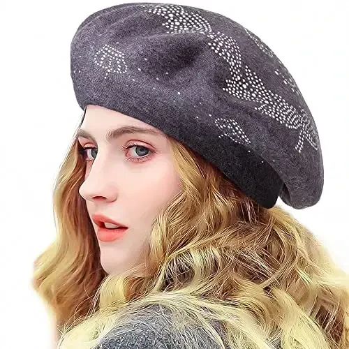 LADYBRO Rhinestone Beret Hats for Women 2 Layers Wool French Knit Cap Lady Winter Black 