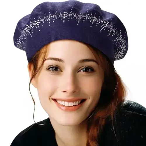 Rhinestone Beret Hats for Women 2 Layers Wool French Knit Cap Lady Winter Black - LADYBRO