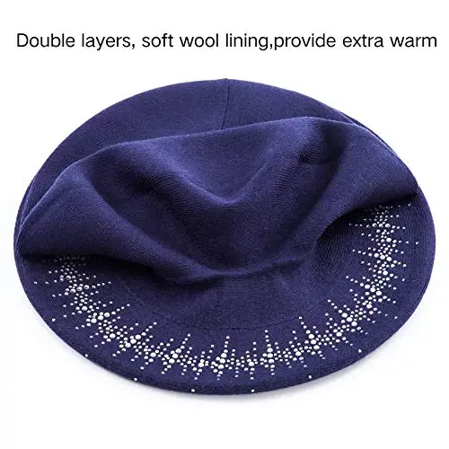 Rhinestone Beret Hats for Women 2 Layers Wool French Knit Cap Lady Winter Black - 3