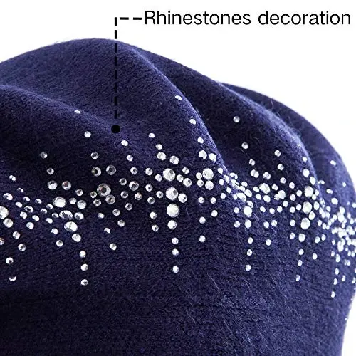 Rhinestone Beret Hats for Women 2 Layers Wool French Knit Cap Lady Winter Black - 6