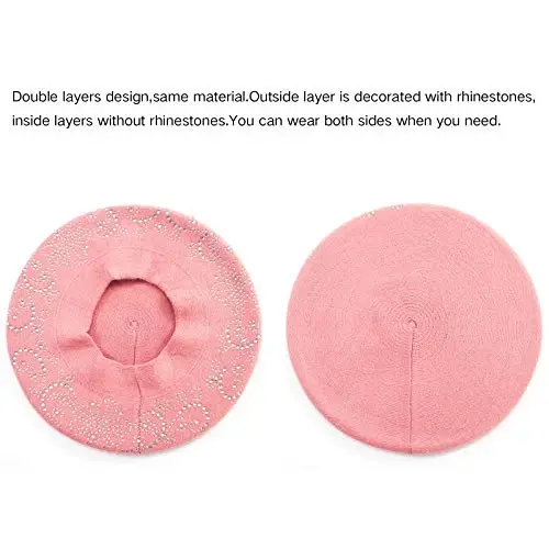 LADYBRO Rhinestone Beret Hats for Women 2 Layers Wool French Knit Cap Lady Winter Black - 2