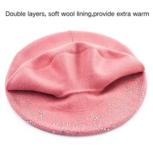 LADYBRO Rhinestone Beret Hats for Women 2 Layers Wool French Knit Cap Lady Winter Black - 3