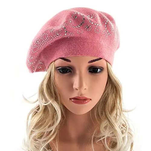 LADYBRO Rhinestone Beret Hats for Women 2 Layers Wool French Knit Cap Lady Winter Black - 5