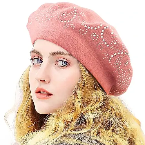 LADYBRO Rhinestone Beret Hats for Women 2 Layers Wool French Knit Cap Lady Winter - 1