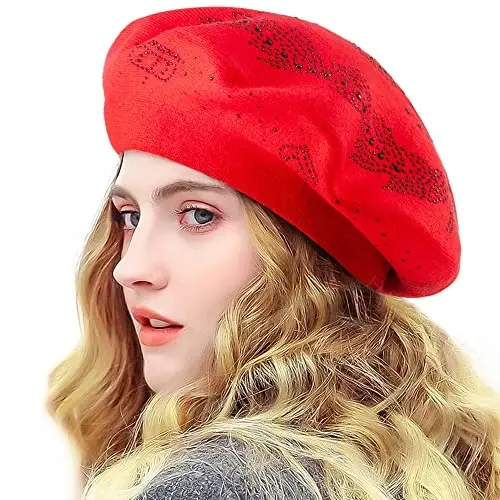 LADYBRO Rhinestone Beret Hats for Women 2 Layers Wool French Knit Cap Lady Winter - 1