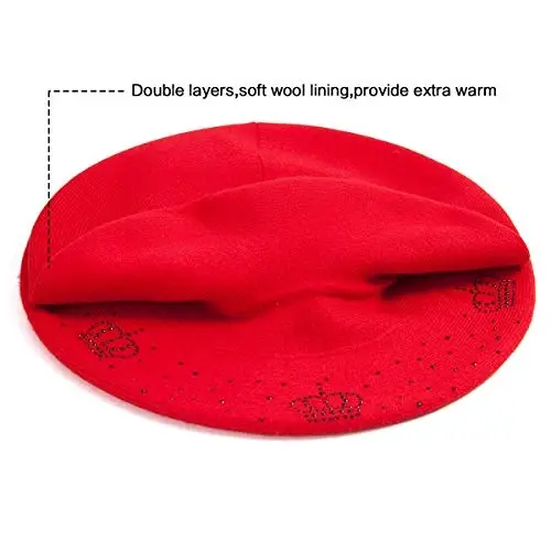 LADYBRO Rhinestone Beret Hats for Women 2 Layers Wool French Knit Cap Lady Winter - 3