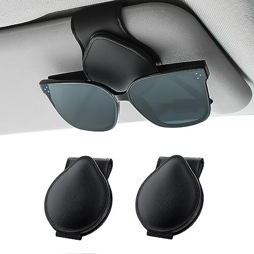 Rhino Valley Sunglasses Holders for Car Sun Visor, 2 Pack Car Glasses Holder Clip Organizer Eyeglasses Mount with Card Clip for Car Sun Visor Magnetic Adsorption Leather Glasses Hanger, Black - 1