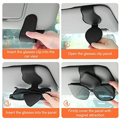 Rhino Valley Sunglasses Holders for Car Sun Visor, 2 Pack Car Glasses Holder Clip Organizer Eyeglasses Mount with Card Clip for Car Sun Visor Magnetic Adsorption Leather Glasses Hanger, Black - 6