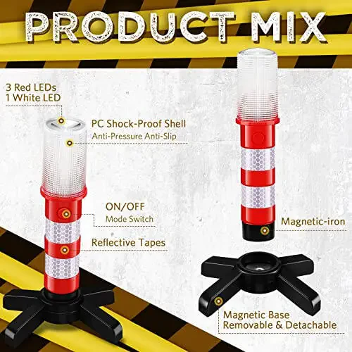 Riakrum 2 Pcs LED Road Flares Emergency Warning Light Bright Red Highway Beacon Safety Strobe Light Roadside Flares with Magnetic Bases Detachable Stands for Car Truck Vehicles (Batteries Excluded) - 1
