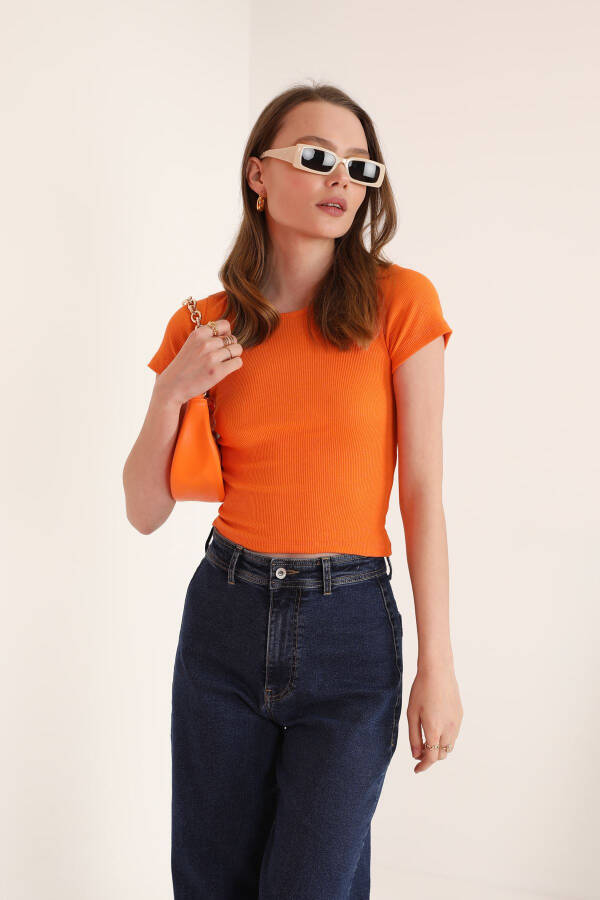 Rib Knit Short Sleeve Basic Women's Blouse - Orange - 4